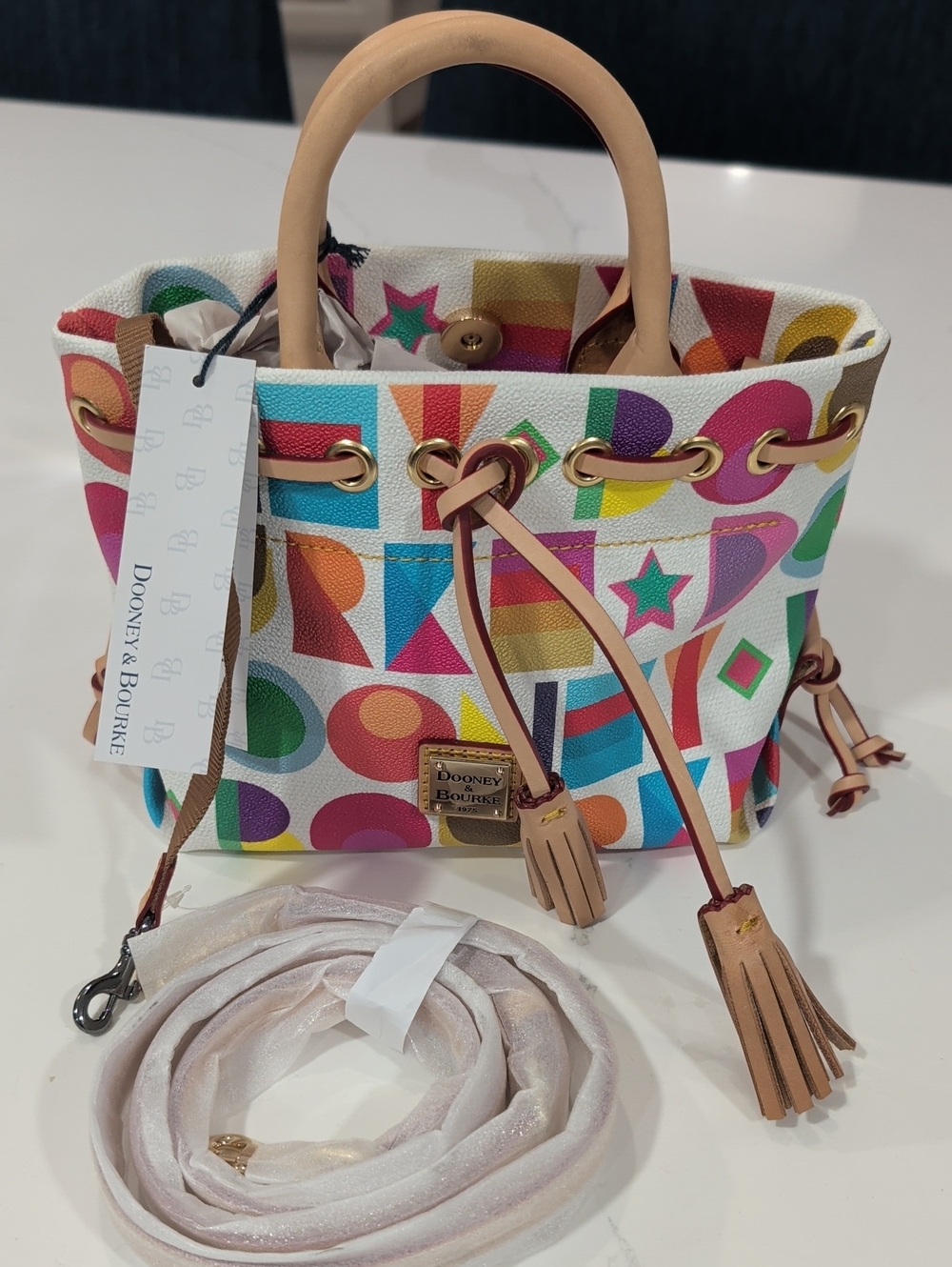 Dooney & Bourke Multicolor Art Deco Small Tassel Tote with Tan Leather